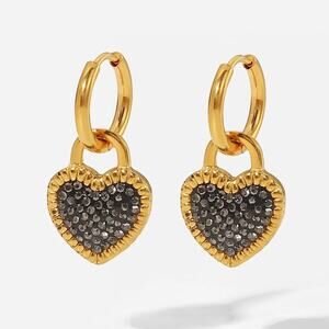 Black Heart Pendant Zircon‎ Hoop Earrings - 18K Gold Plated Stainless Steel